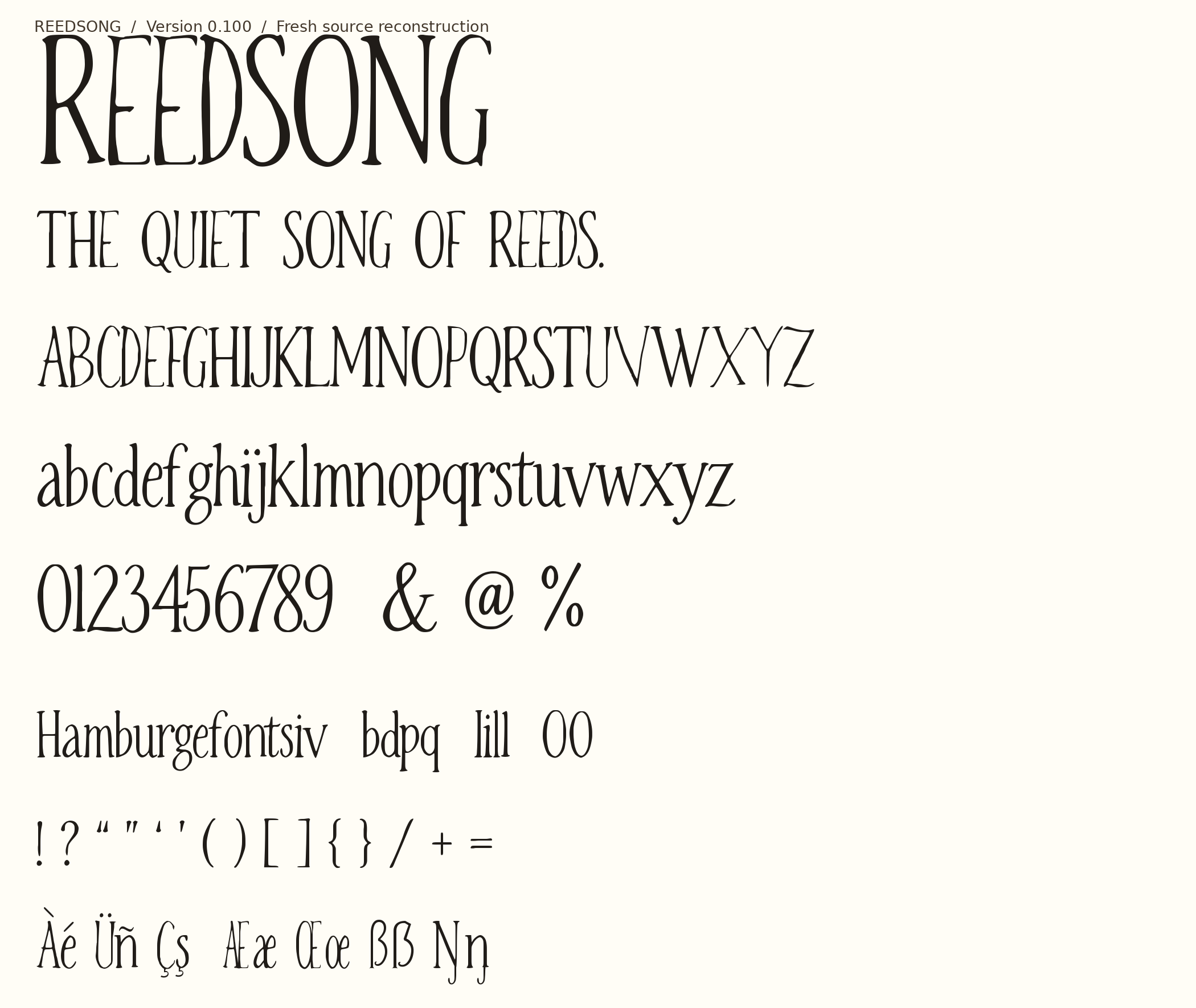 Original REEDSONG font proof with uppercase, lowercase, numerals, punctuation and accented Latin letters.