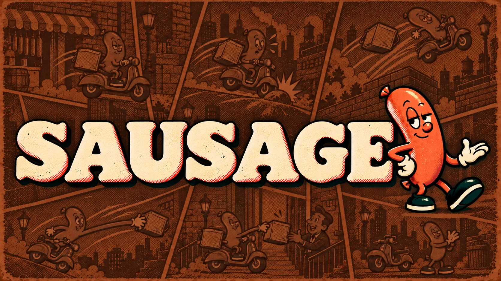 SAUSAGE title and smiling sausage character over a vintage comic city.