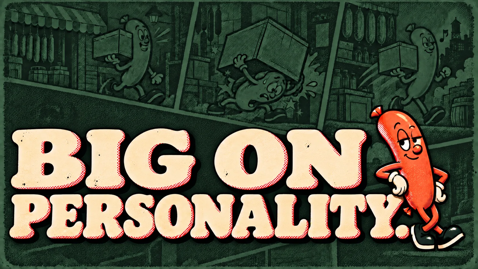 BIG ON PERSONALITY headline with the sausage character.