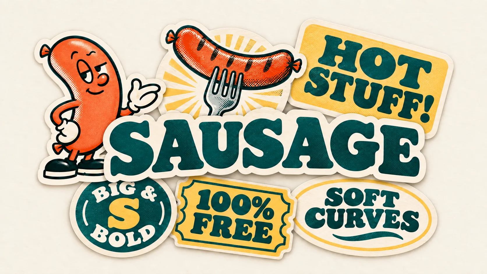 Layered SAUSAGE character and label stickers.