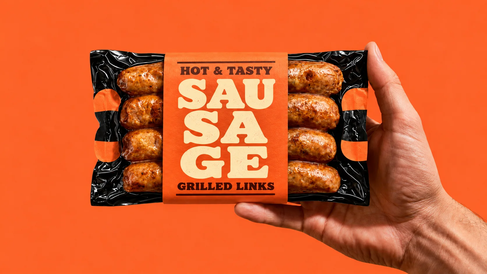 SAUSAGE lettering applied to a food package mockup.