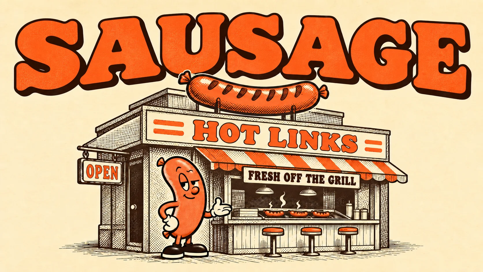 SAUSAGE deli storefront and mascot illustration.