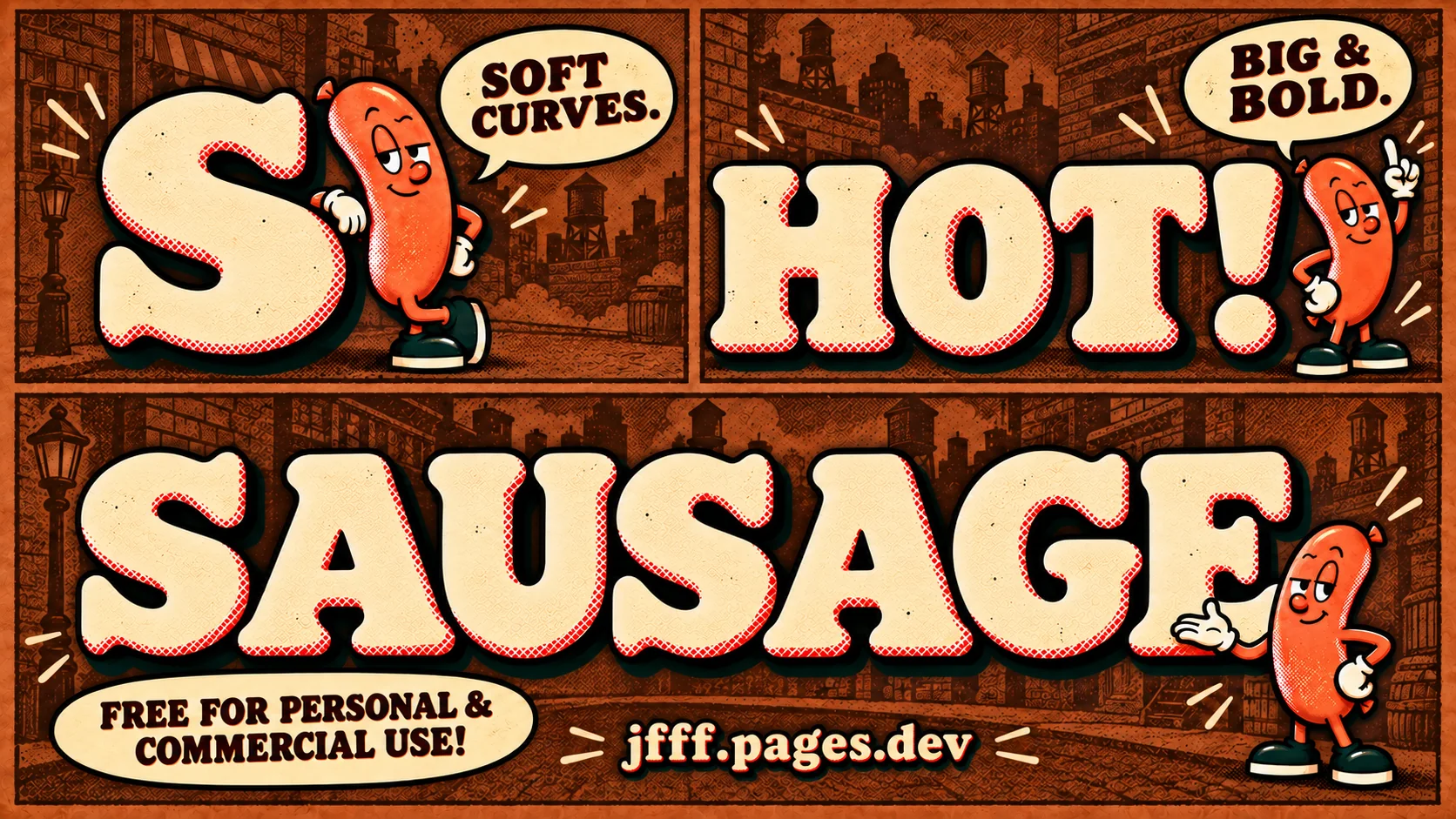 Comic-style SAUSAGE introduction and free-download message ending at jfff.pages.dev.