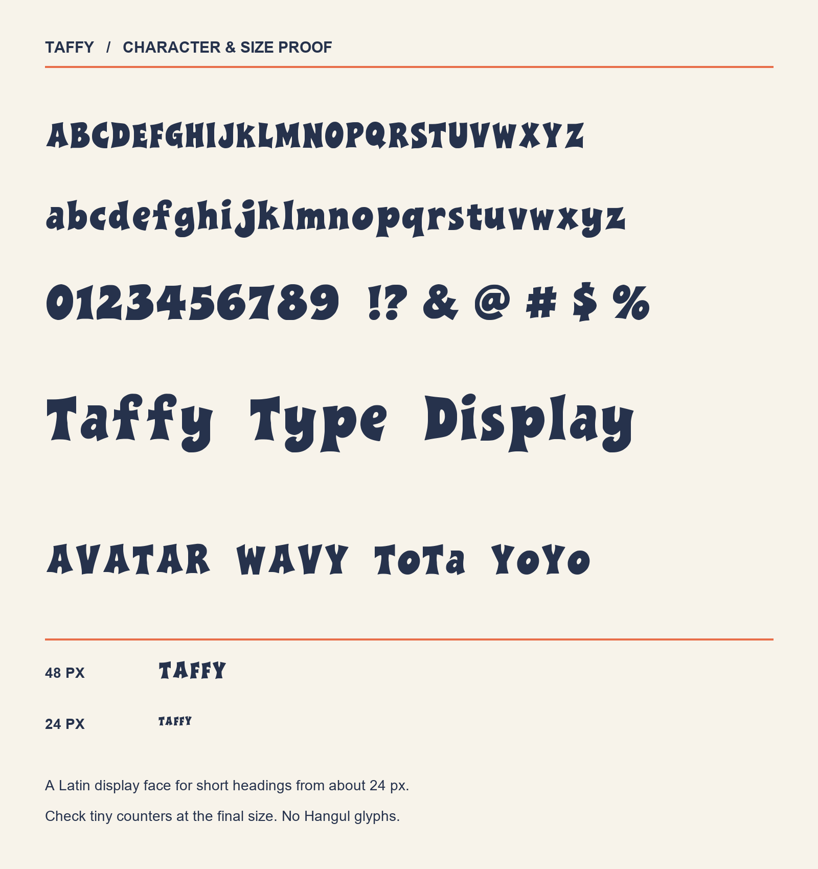 TAFFY actual-font alphabet, figures, sample words and 48 px versus 24 px size proof.