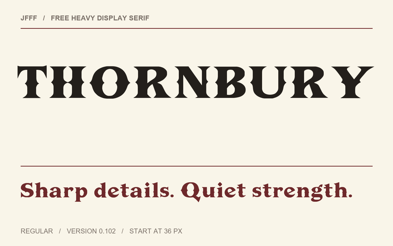 THORNBURY heavy flared serif on a warm paper field.