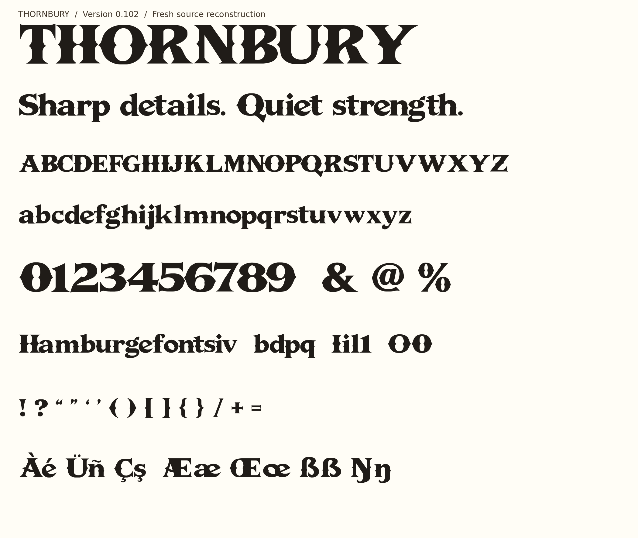 Original THORNBURY v0.102 proof with uppercase, lowercase, figures, punctuation and accented Latin letters.