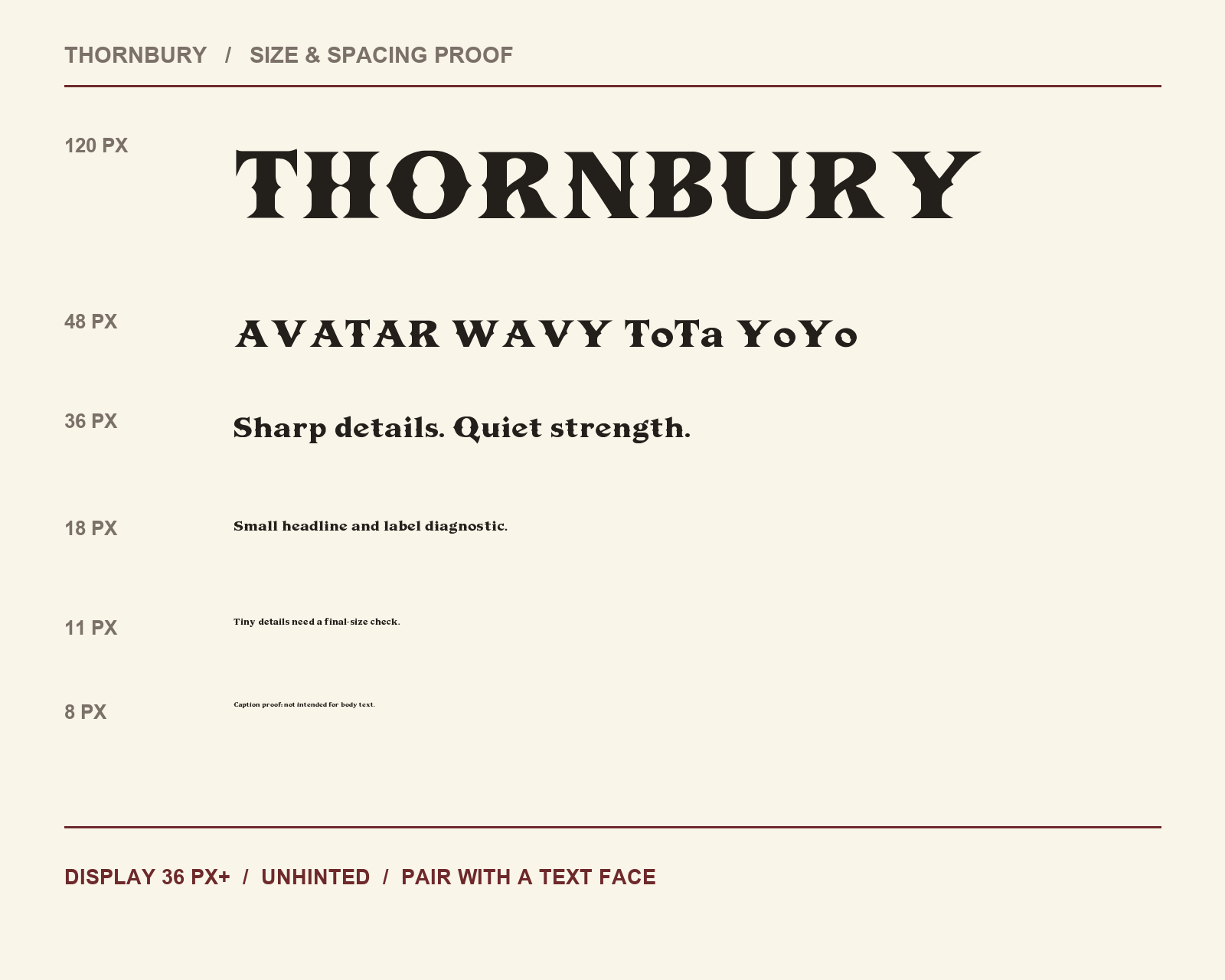 THORNBURY at 120, 48, 36, 18, 11 and 8 pixels, showing its display range and small-copy limits.