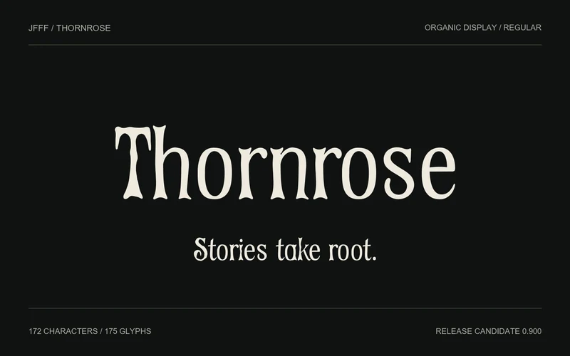Thornrose organic display font with tapering strokes and thorn-like terminals.
