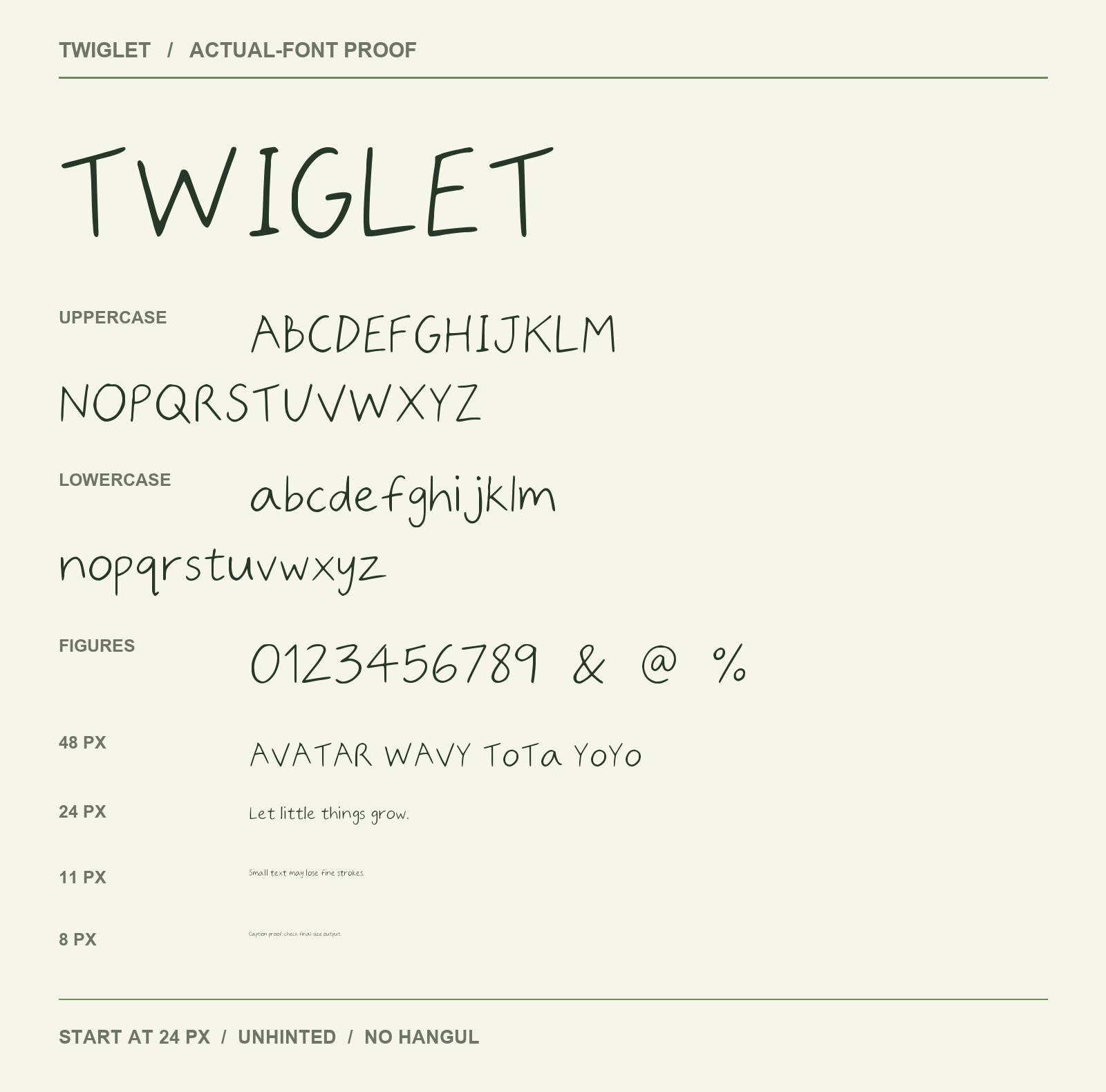TWIGLET actual-font uppercase, lowercase, numbers and size comparison from 48 to 8 pixels.