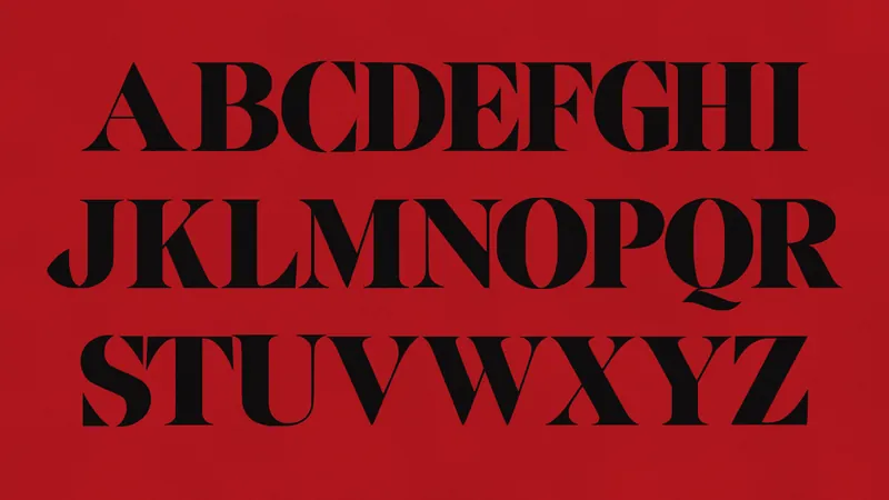Uppercase A to Z of VALCREST in three rows of black high-contrast serif capitals on red.