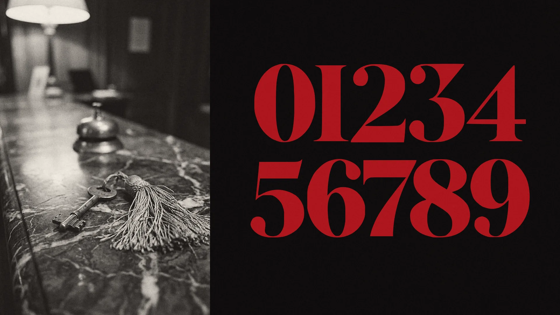 Numerals 0 to 9 of VALCREST in two large red rows on black beside a black-and-white photograph of an old key with a tassel on a marble counter.