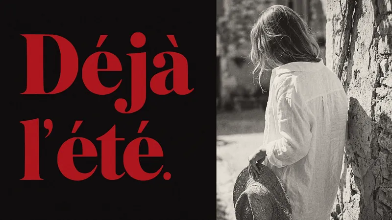 The French words Déjà l’été. in large red VALCREST on black beside a black-and-white photograph of a woman in a linen shirt by a sunlit stone wall.