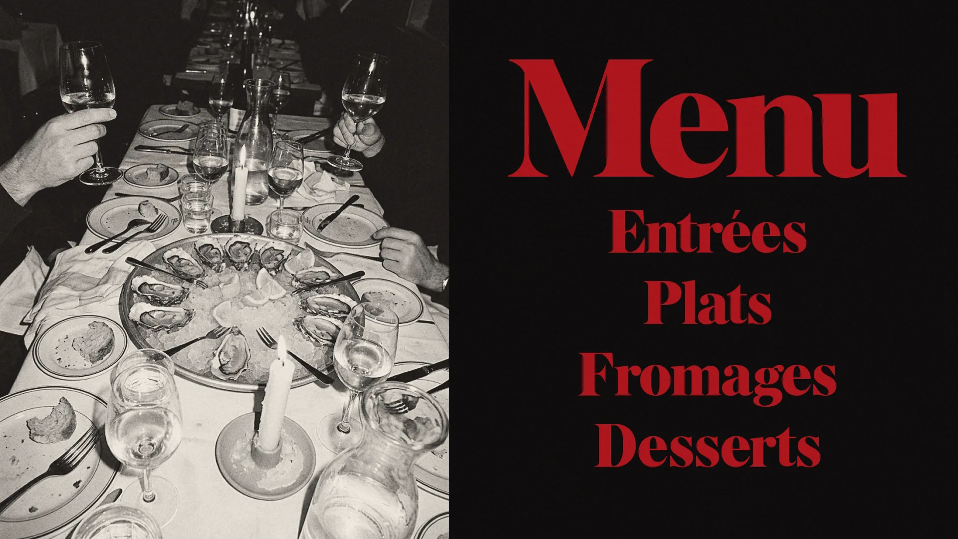 A black-and-white flash photograph of a bistro dinner with oysters and wine beside a menu set in red VALCREST on black: Menu, Entrées, Plats, Fromages, Desserts.