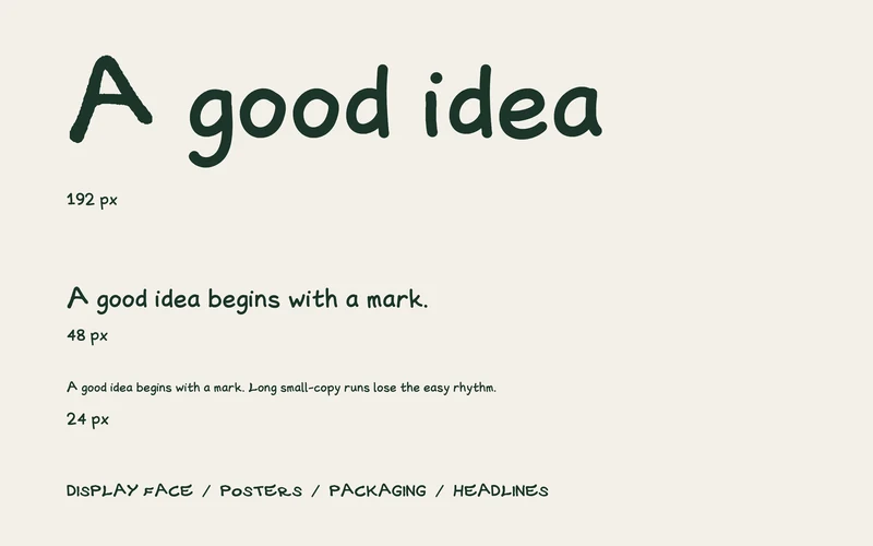 WINKSTROKE at 192, 48 and 24 px, showing its strength in display text and small-copy limit.