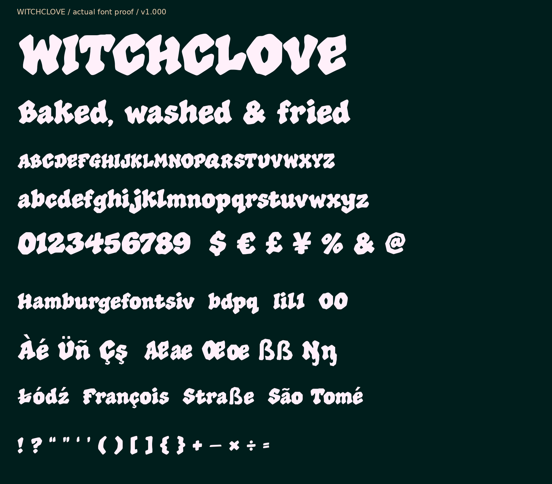 Original WITCHCLOVE proof with uppercase, lowercase, numerals, punctuation and accented Latin letters.