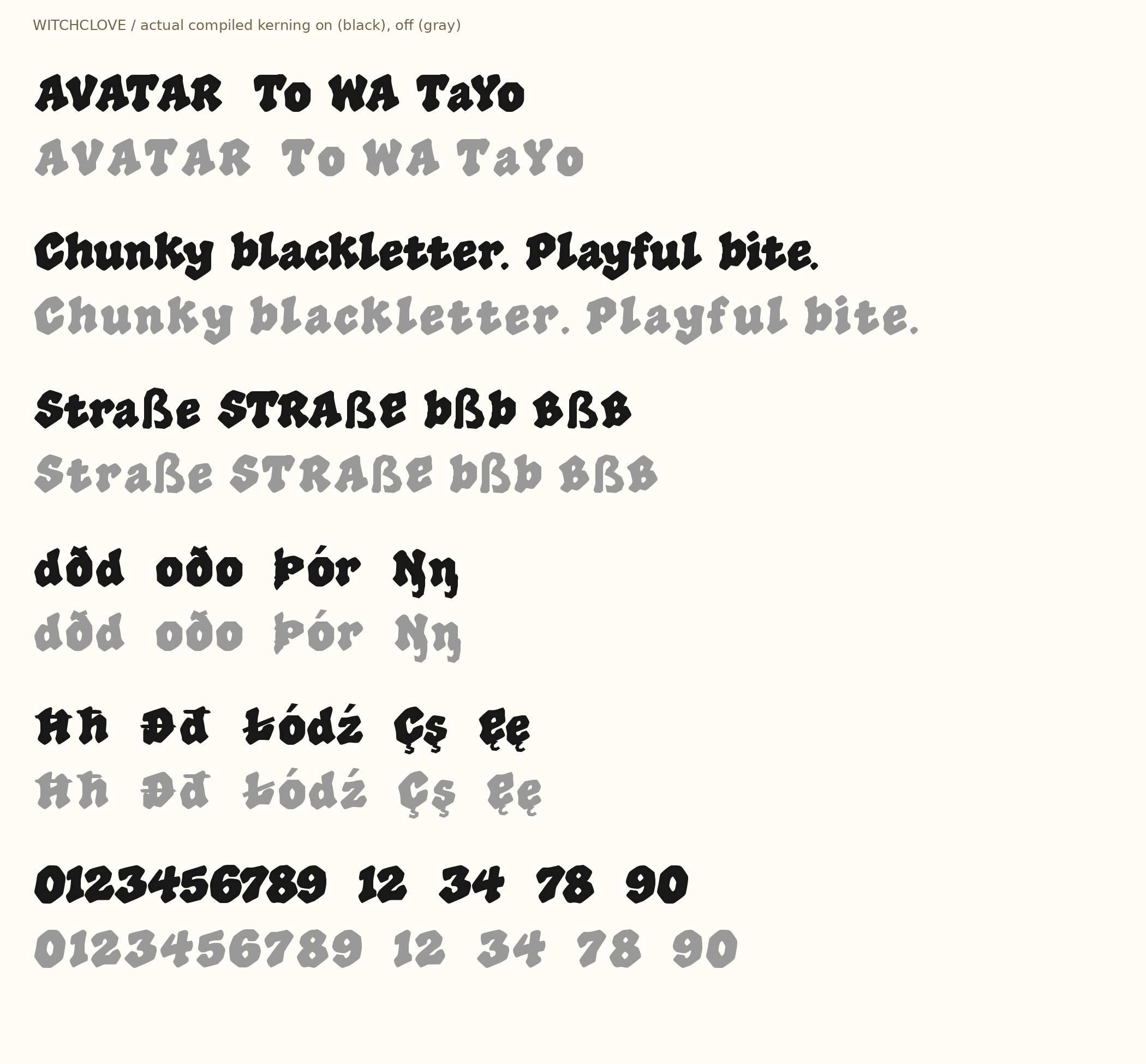 Original WITCHCLOVE kerning and spacing proof.