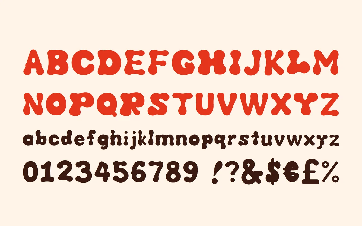 The Meltpop alphabet, figures and symbols, each line set to the full width.