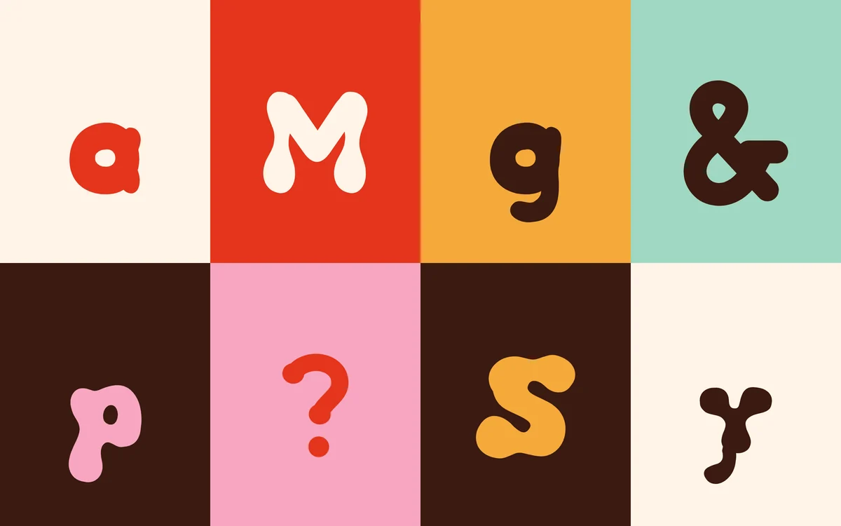 Eight Meltpop letters and marks, a M g & p ? S y, in eight colour combinations.