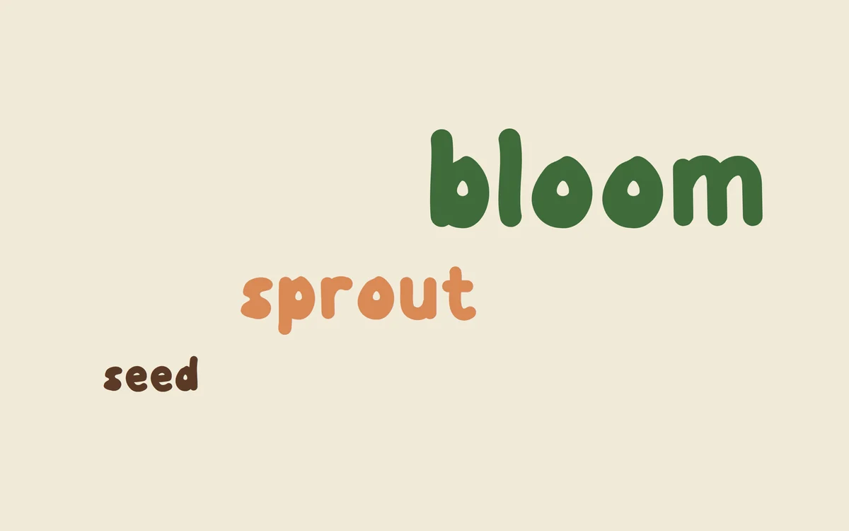 The words seed, sprout and bloom rising diagonally from small to large.