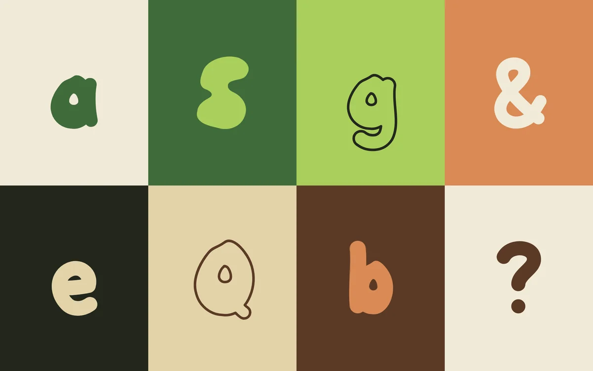 Eight Seedpod letters and marks in eight colour combinations, Solid and Outline mixed.